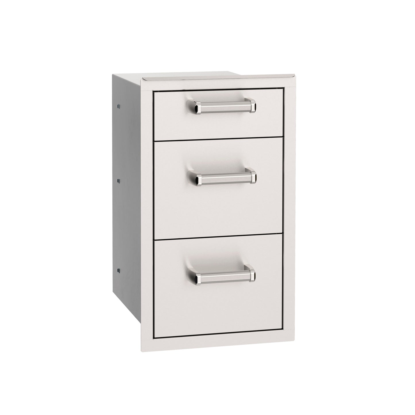 White metal outdoor kitchen cabinet with three drawers.