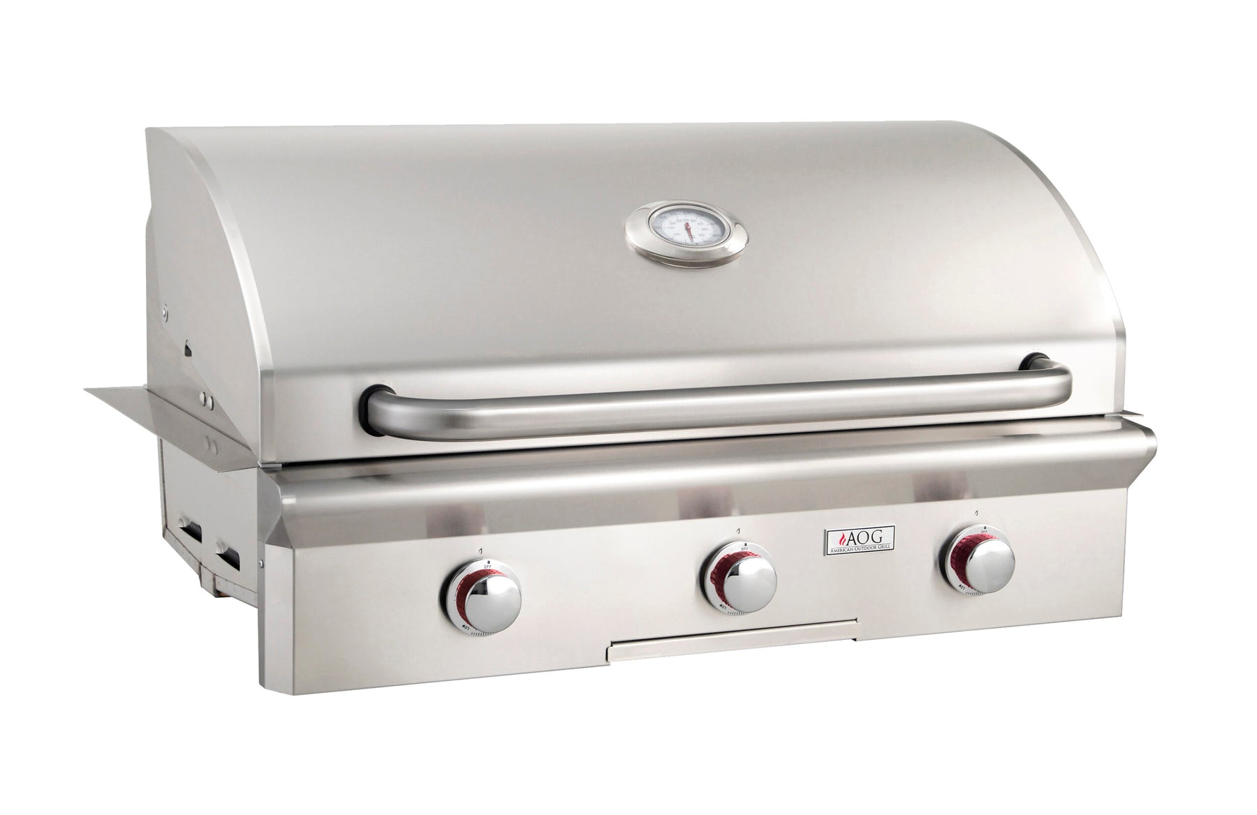 Stainless steel American Outdoor Grill with control knobs on a white background