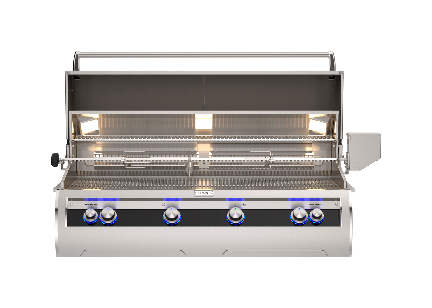 Fire Magic Echelon Diamond 48-inch built-in grill with open lid showing cooking grates and analog thermometer.