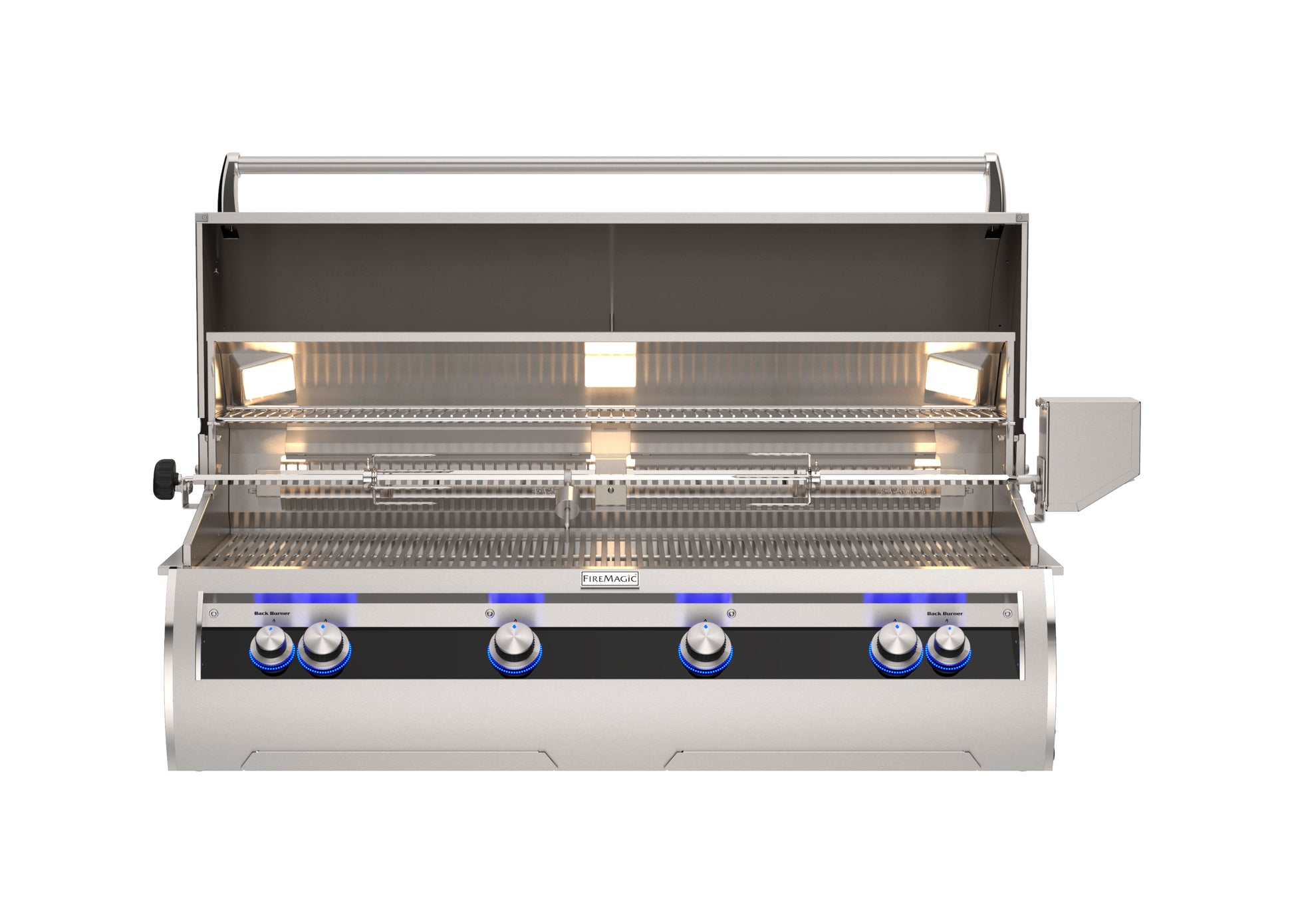 Fire Magic Echelon Diamond 48-inch built-in grill with open lid showing cooking grates and analog thermometer.