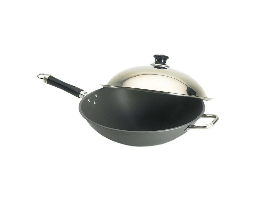 Gray wok with a stainless steel lid with nonstick surface