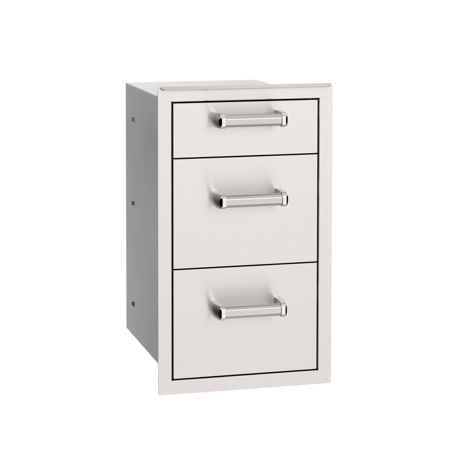 White metal outdoor kitchen cabinet with three drawers.