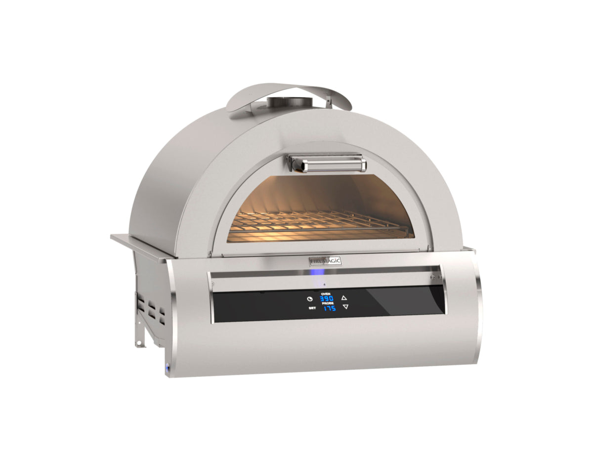 Fire Magic 30″ built-in outdoor pizza oven in stainless steel with glass viewing window and digital touchscreen thermometer control panel.