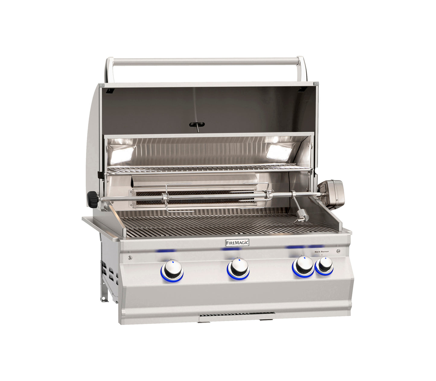 Premium Fire Magic built-in stainless steel outdoor gas grill from the Echelon series showcasing polished open hood, control knobs, cooking grates, and analog/digital thermometer in an outdoor kitchen setting.