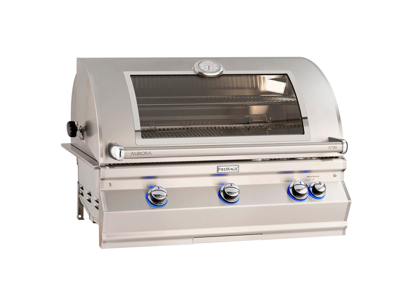 Premium Fire Magic outdoor built-in 36" grill with polished stainless steel hood, backburner, rotisserie kit, and magic window, with a closed hood.