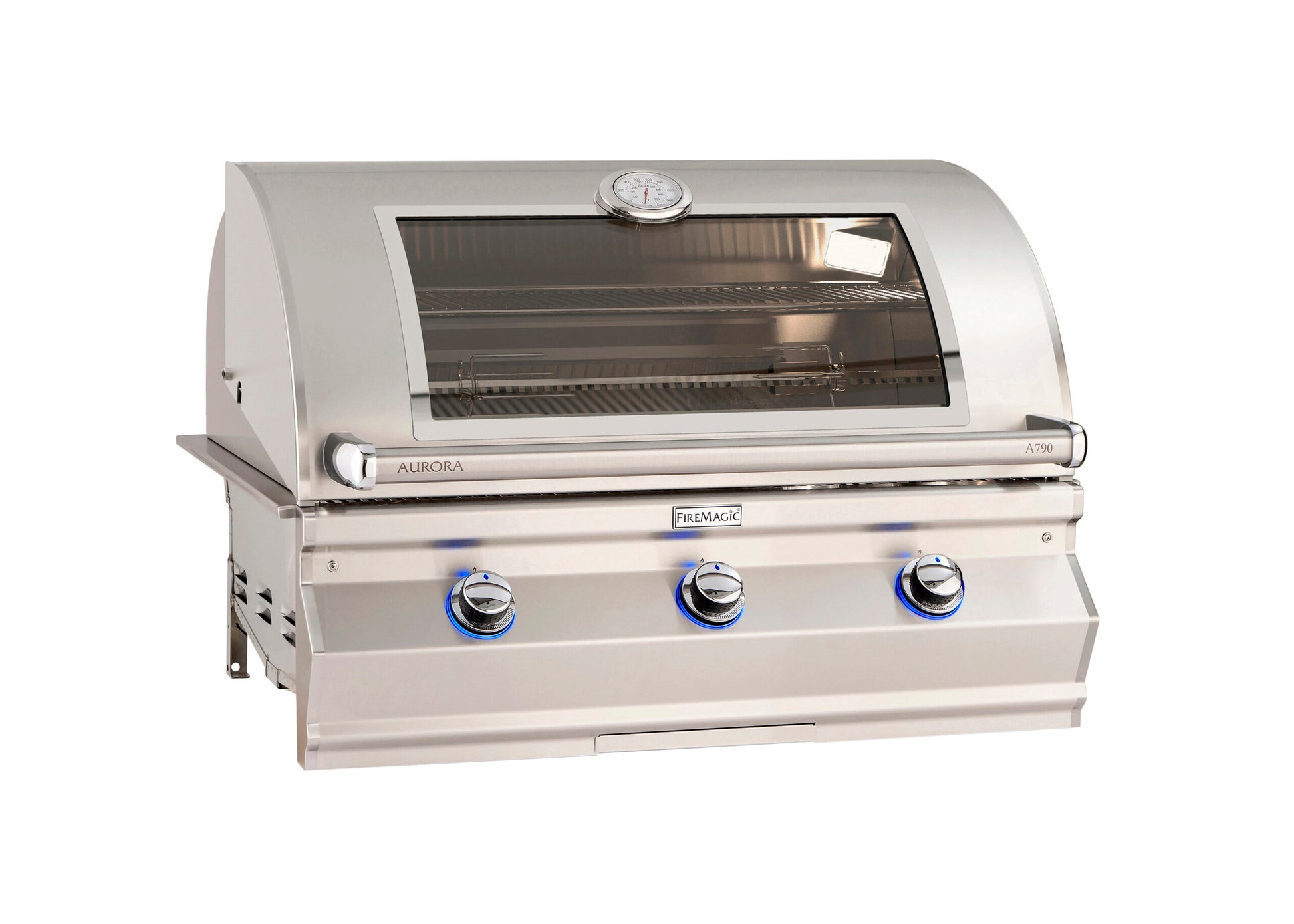 Fire Magic Aurora 36" Built In Grill with stainless steel and a magic view window.