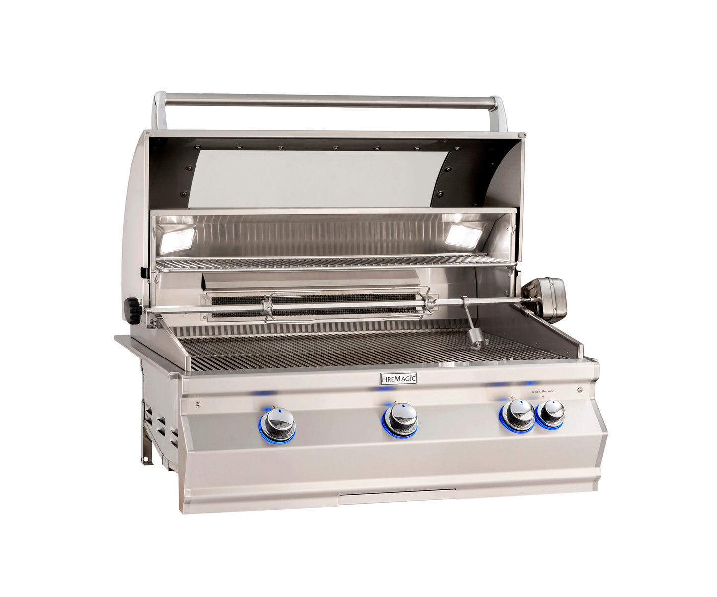 Premium Fire Magic outdoor built-in 36" grill with polished stainless steel hood, backburner, rotisserie kit, and magic window, with an open hood.