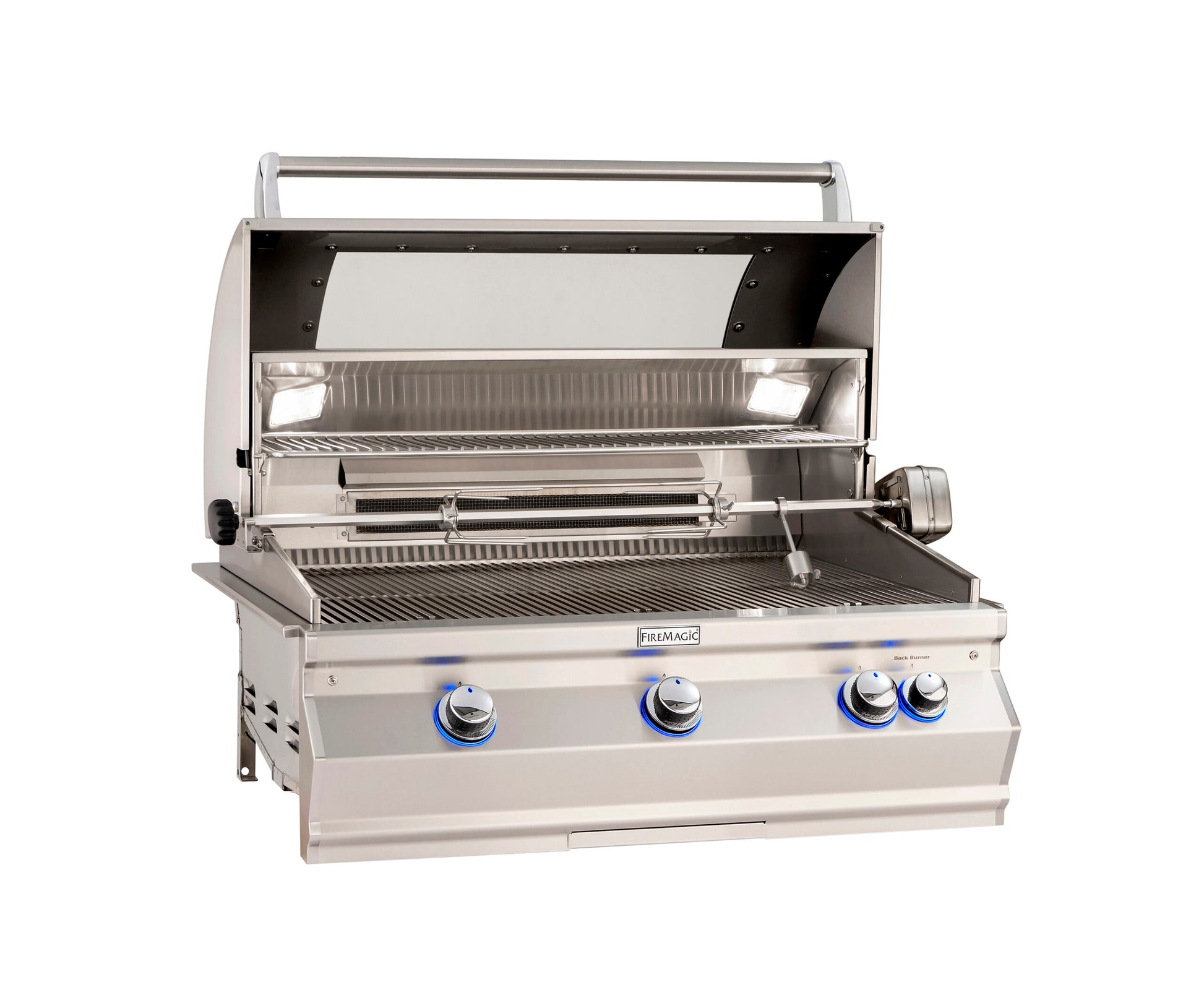 Premium Fire Magic outdoor built-in 36" grill with polished stainless steel hood, backburner, rotisserie kit, and magic window, with an open hood.