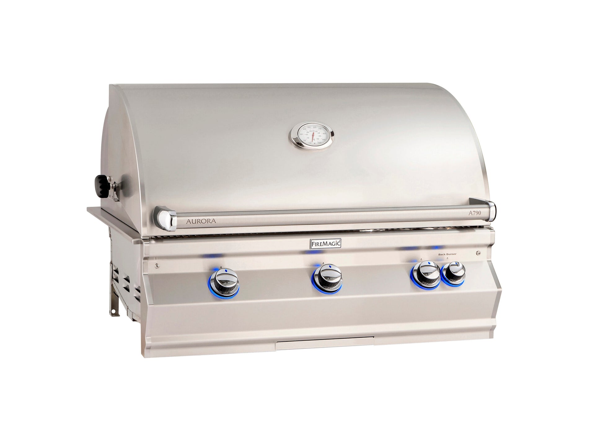 Premium 36" Fire Magic outdoor built-in grill with polished stainless steel hood, control panel, backburner and Rotisserie Kit.