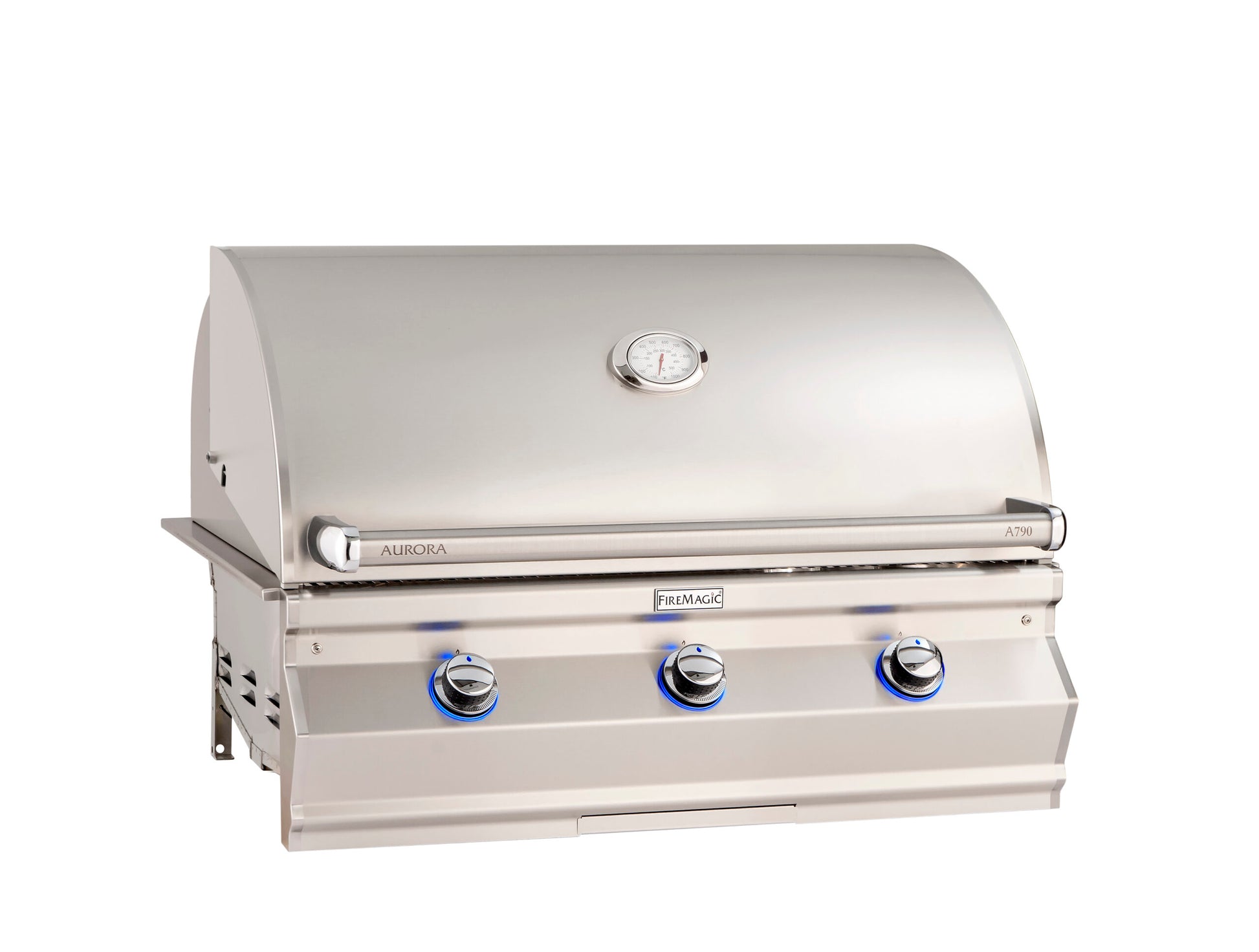 Premium 36" Fire Magic outdoor built-in grill with polished stainless steel hood, control panel, and grilling grates.