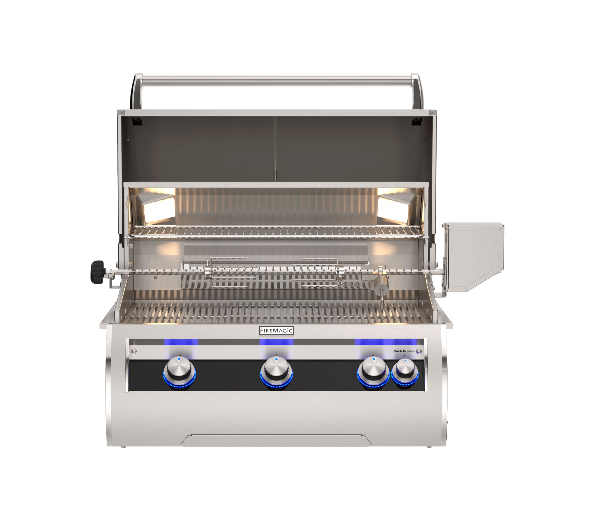 30" Built In Fire Magic Echelon Diamond Series E660 Grill with Analog Thermometer and open hood.