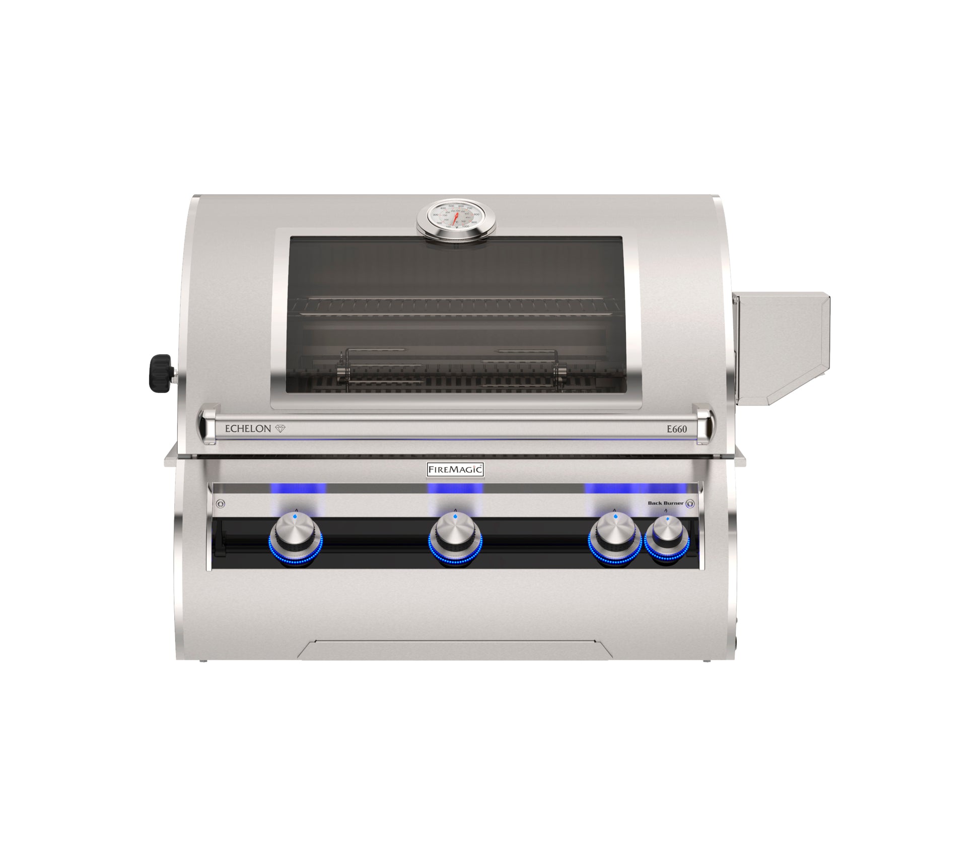 Premium Fire Magic Echelon Diamond 30″ built-in outdoor grill in stainless steel showing analog temperature gauge, magic window and grills designed for luxury outdoor cooking.