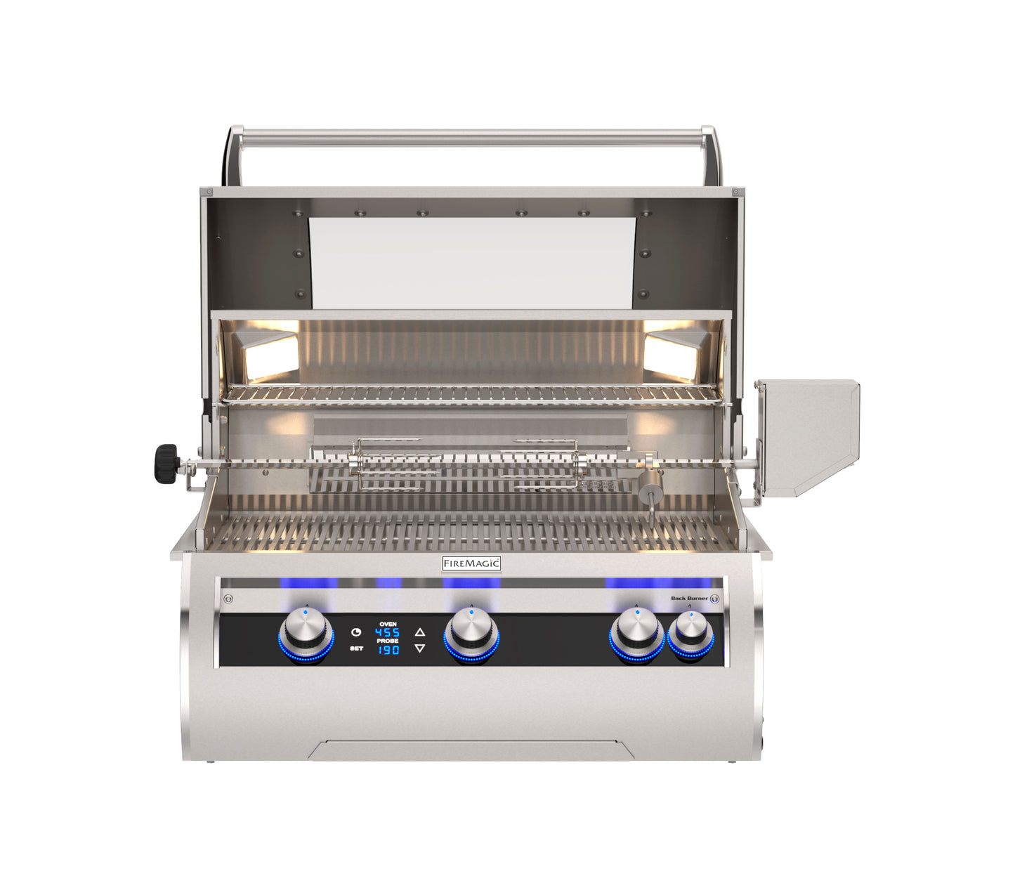 Premium Fire Magic Echelon Diamond 30″ built-in outdoor grill in stainless steel showing analog temperature gauge and magic window hood open.
