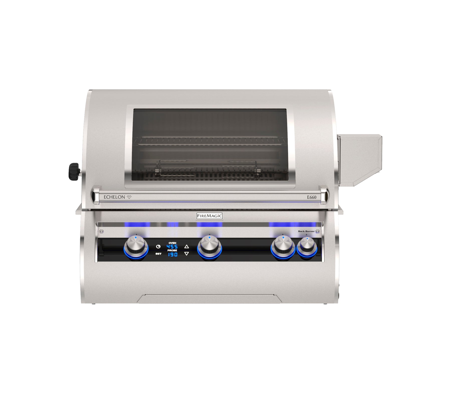 Fire Magic Echelon Diamond E660 30″ built-in stainless steel grill with Magic View Window and bright digital thermometer display for precise temperature control.