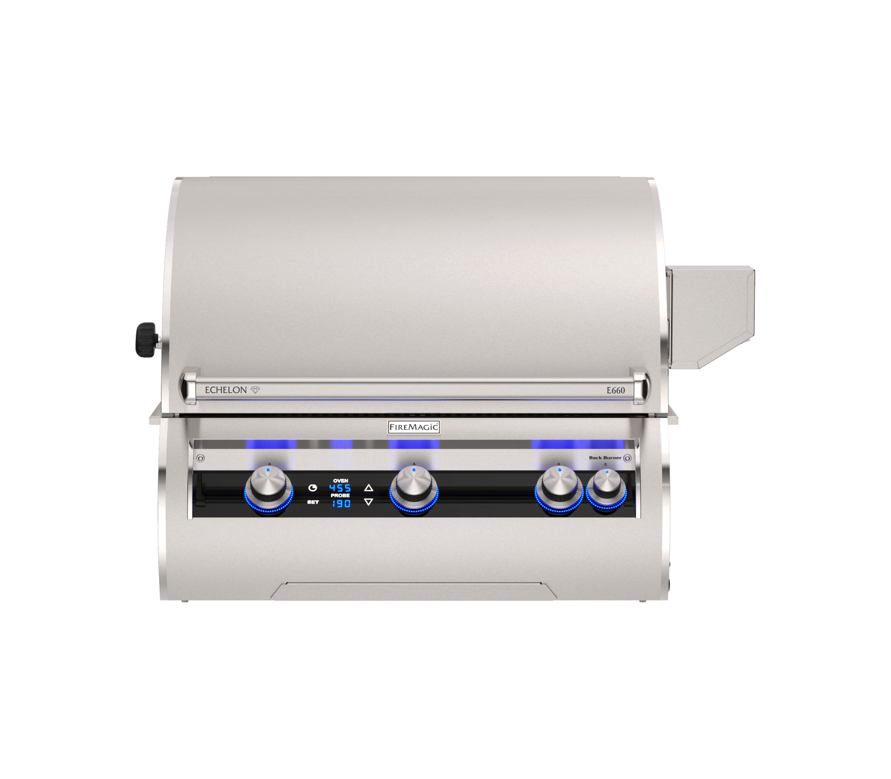 Fire Magic E660i Echelon Diamond 30″ built-in outdoor grill with illuminated digital thermometer display and premium stainless steel construction.