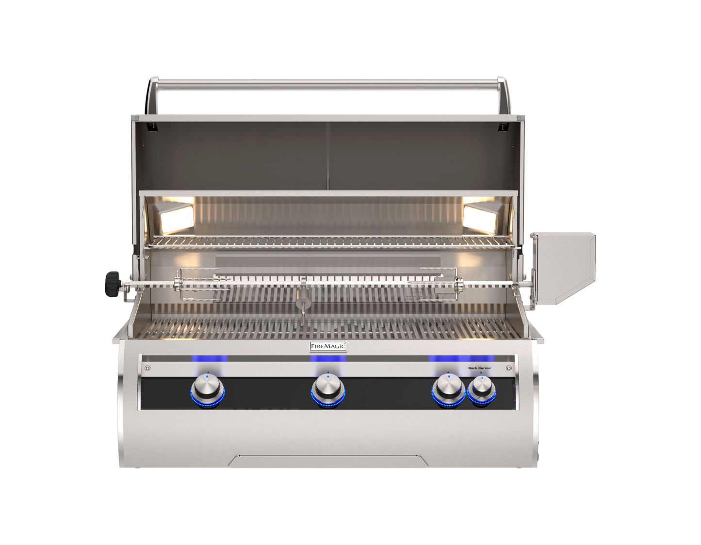 Fire Magic Echelon Diamond E790 36″ built-in outdoor grill with analog thermometer and stainless steel finish and open hood.