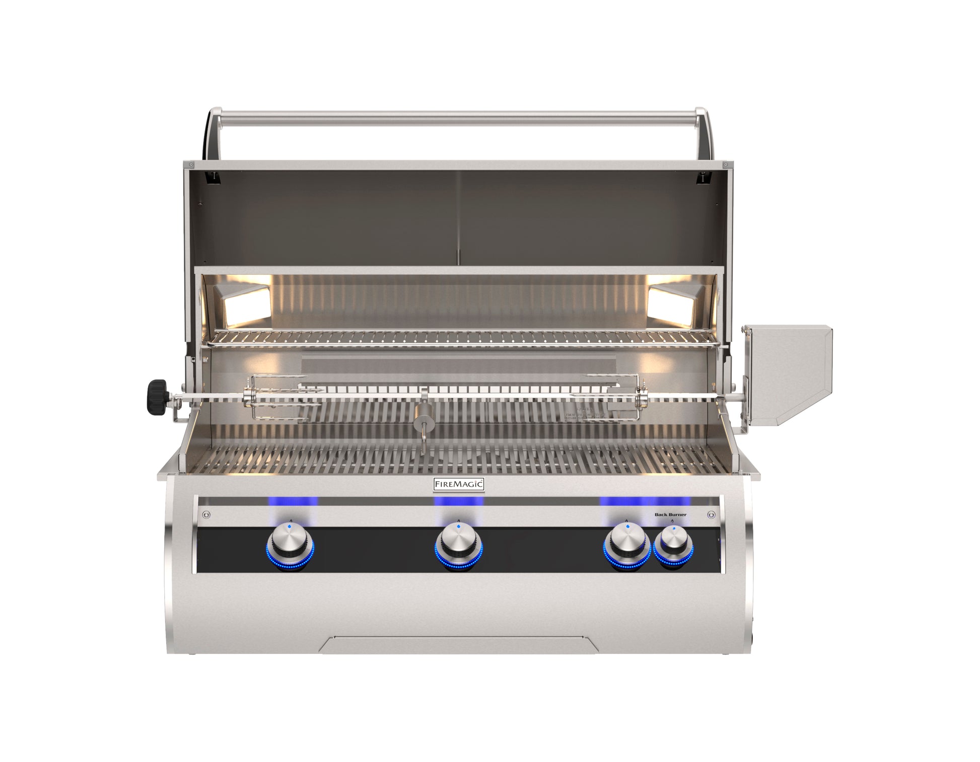 Fire Magic Echelon Diamond E790 36″ built-in outdoor grill with analog thermometer and stainless steel finish and open hood.