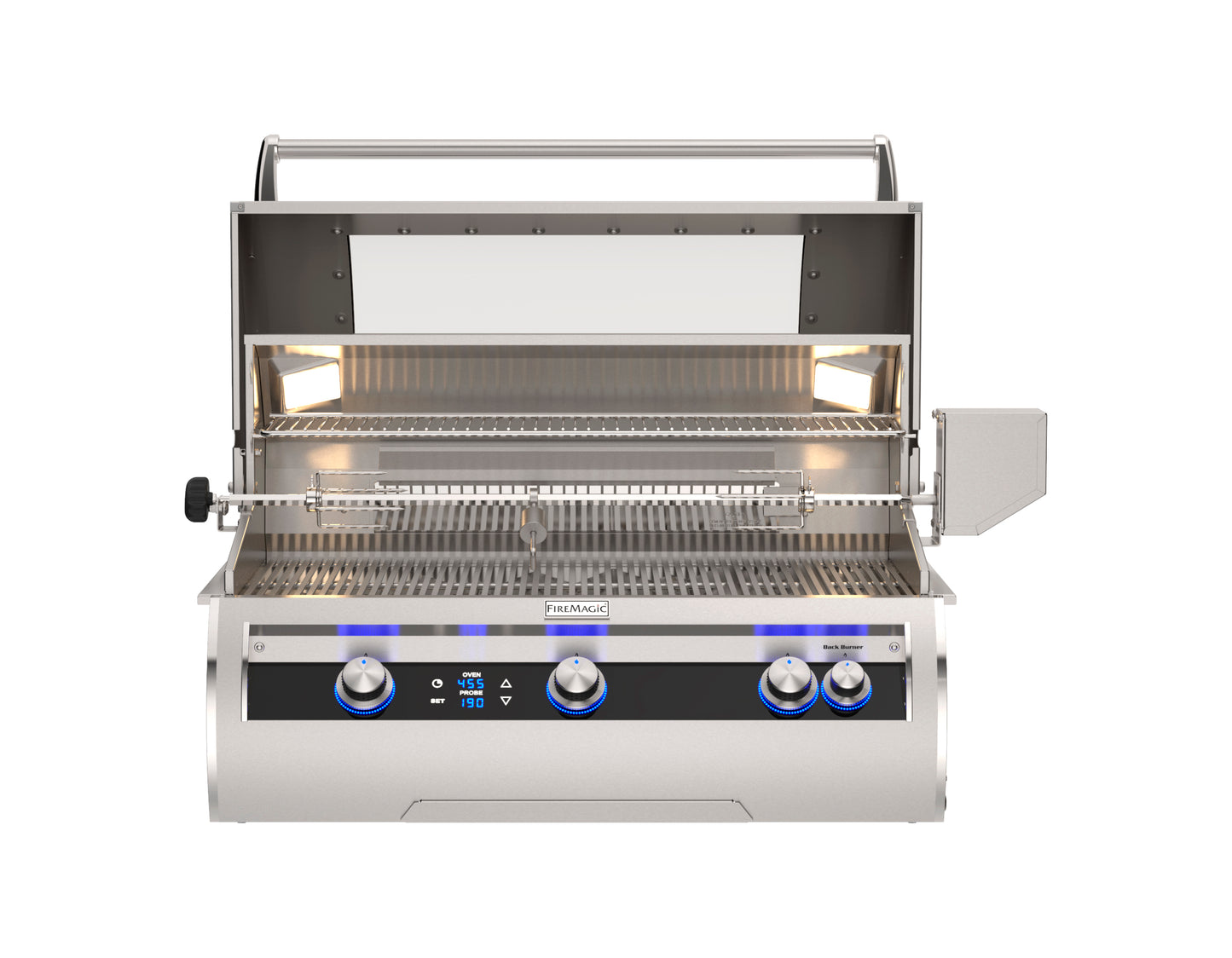Fire Magic Echelon Diamond Series 36" Built in Natural Gas Grill with Digital Thermometer & Magic Window and open hood.