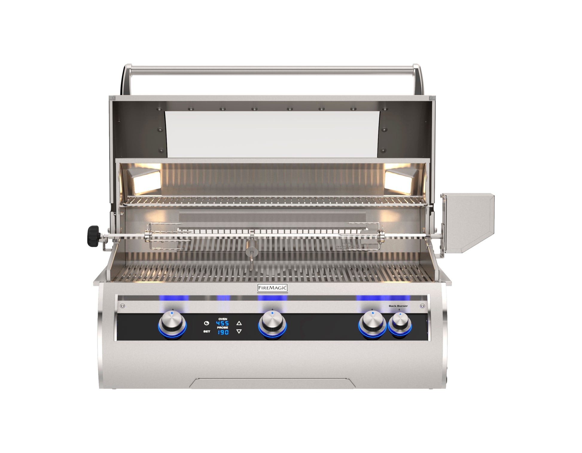 Fire Magic Echelon Diamond Series 36" Built in Natural Gas Grill with Digital Thermometer & Magic Window and open hood.