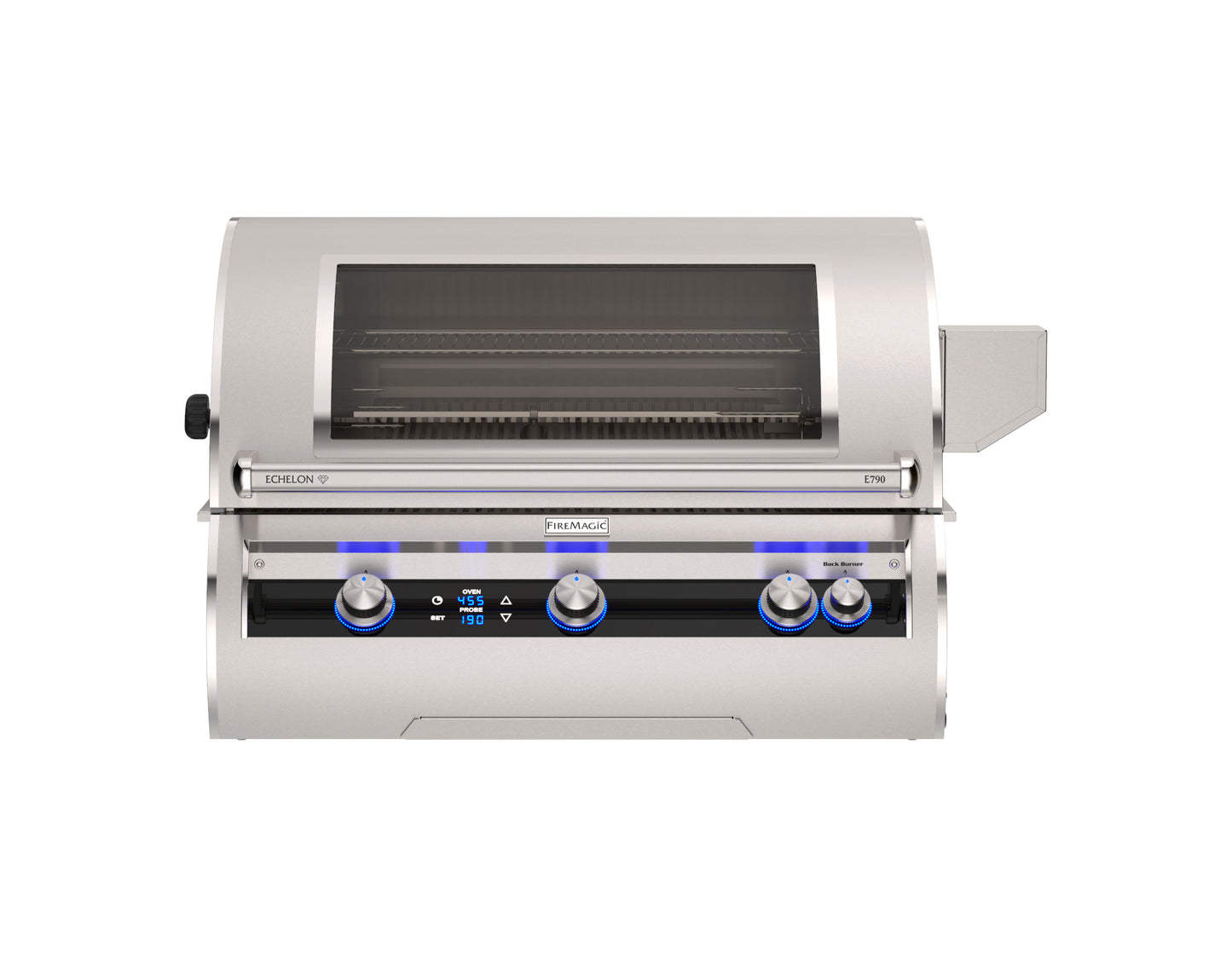 Fire Magic Echelon Diamond Series 36" Built in Natural Gas Grill with Digital Thermometer & Magic Window and closed hood.
