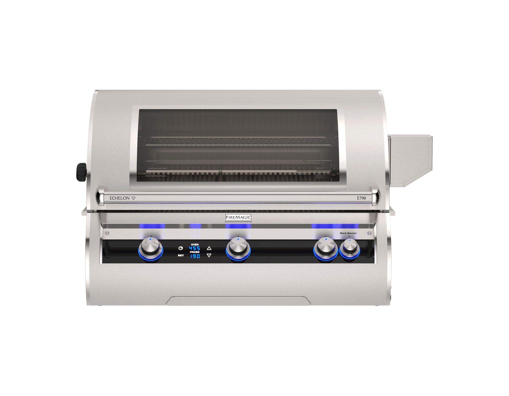 Fire Magic Echelon Diamond Series 36" Built in Natural Gas Grill with Digital Thermometer & Magic Window and closed hood.